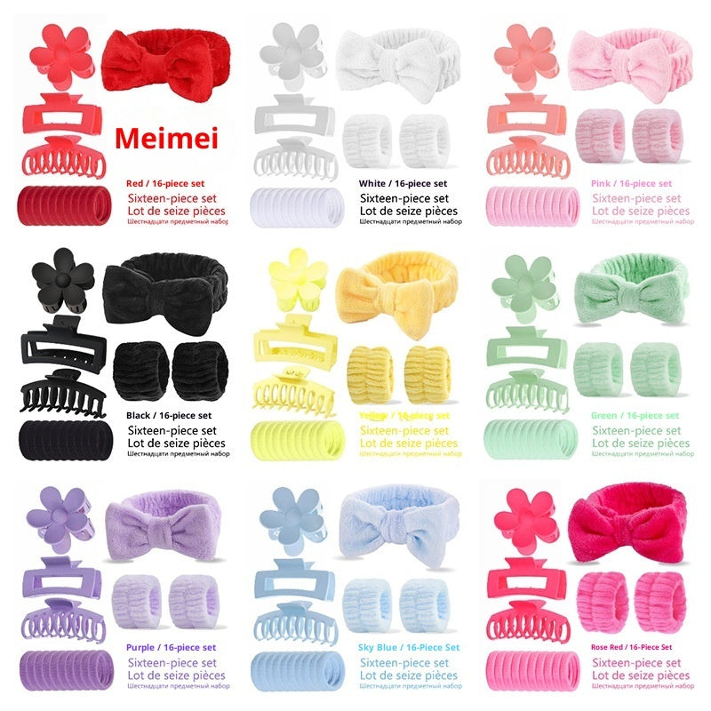 Bow Washing Face Hair Band 16-piece Set Barrettes Wrist Strap